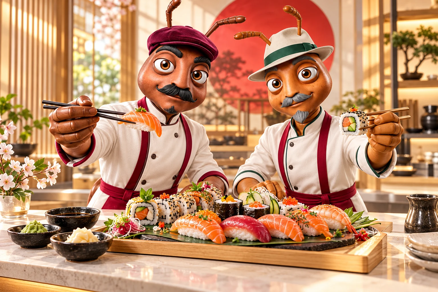 GUARLEYN Usta ve Çırak karakterlerinin Sushitto için hazırlanan sushi şefi illüstrasyonu